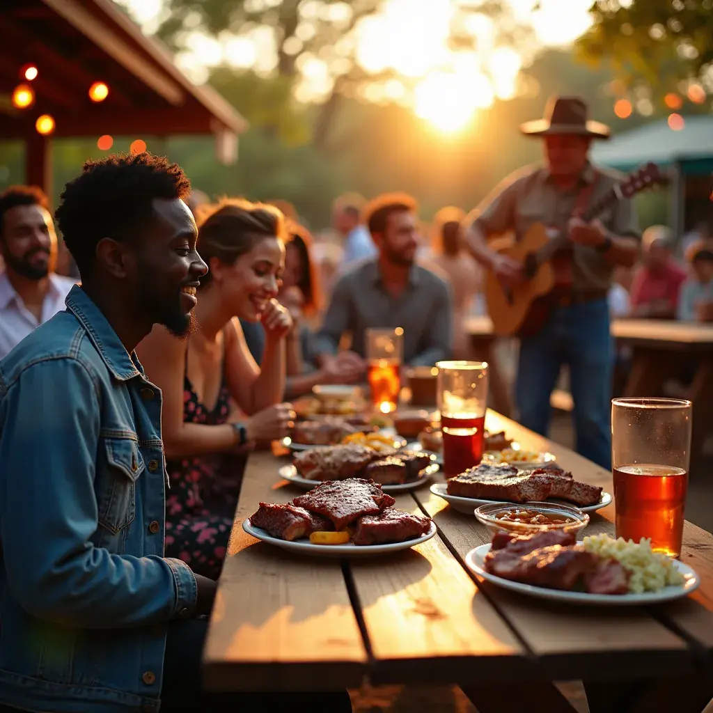 Живое музыкальное выступление на улице в Остине, люди наслаждаются атмосферой.